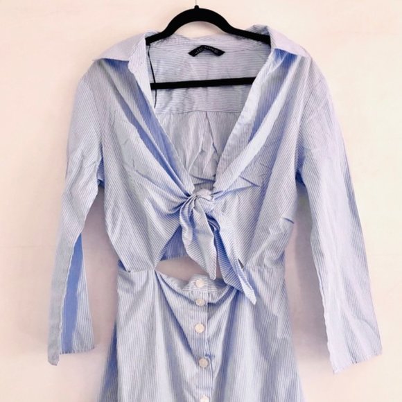 Zara Poplin Dress Tie Front Striped Blogger Fav M - Picture 4 of 13